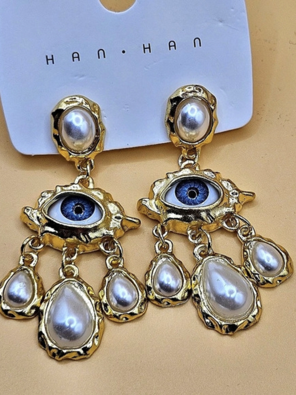 HAN Evil Eye Pearl Drop Earrings in Gold & Blue